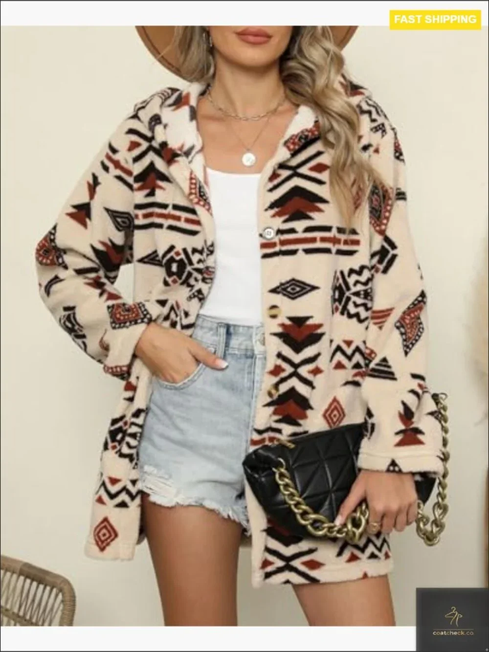 Aztec Print Fleece Hoodie Button Down Shacket Casual Sherpa Jacket with Pockets